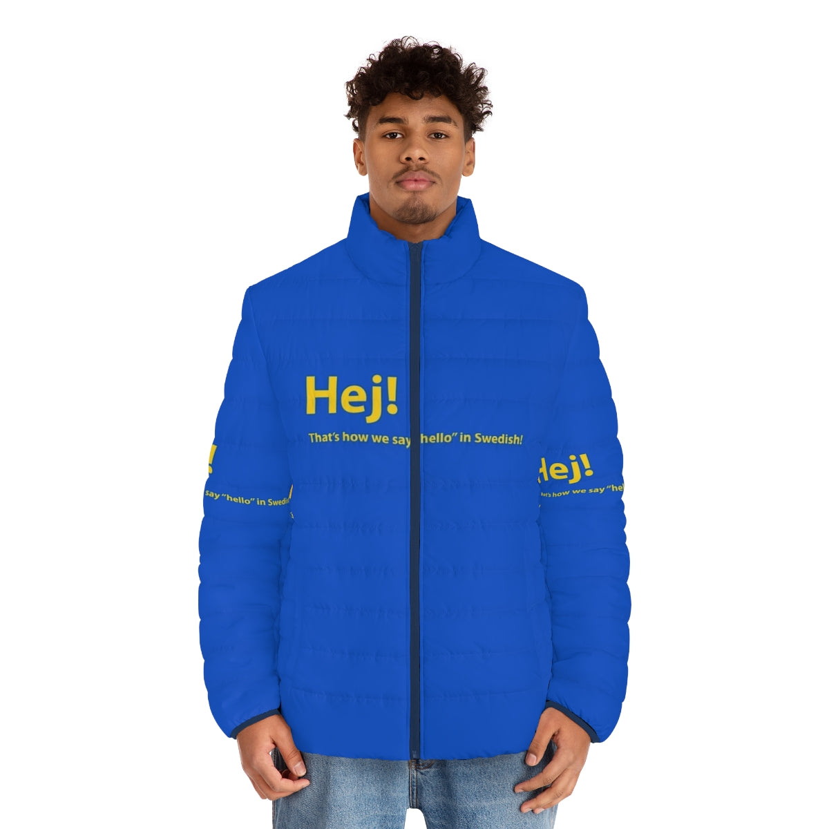 Person wearing a blue and yellow puffer jacket with the Swedish word "Hej" (hello) printed on it - men front