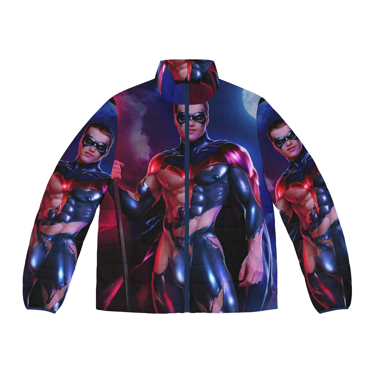 Red puffer jacket with superhero-inspired design