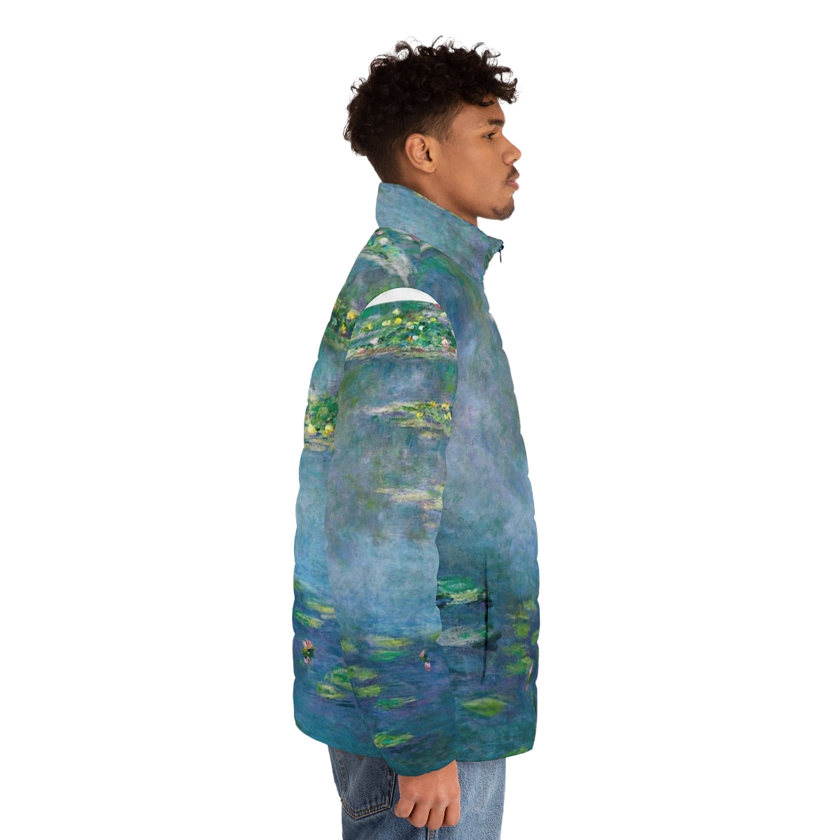 Claude Monet Water Lilies Puffer Jacket featuring the iconic impressionist painting - men side right