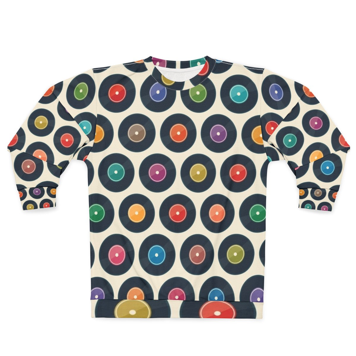 Vintage-style sweatshirt featuring a collection of classic vinyl records