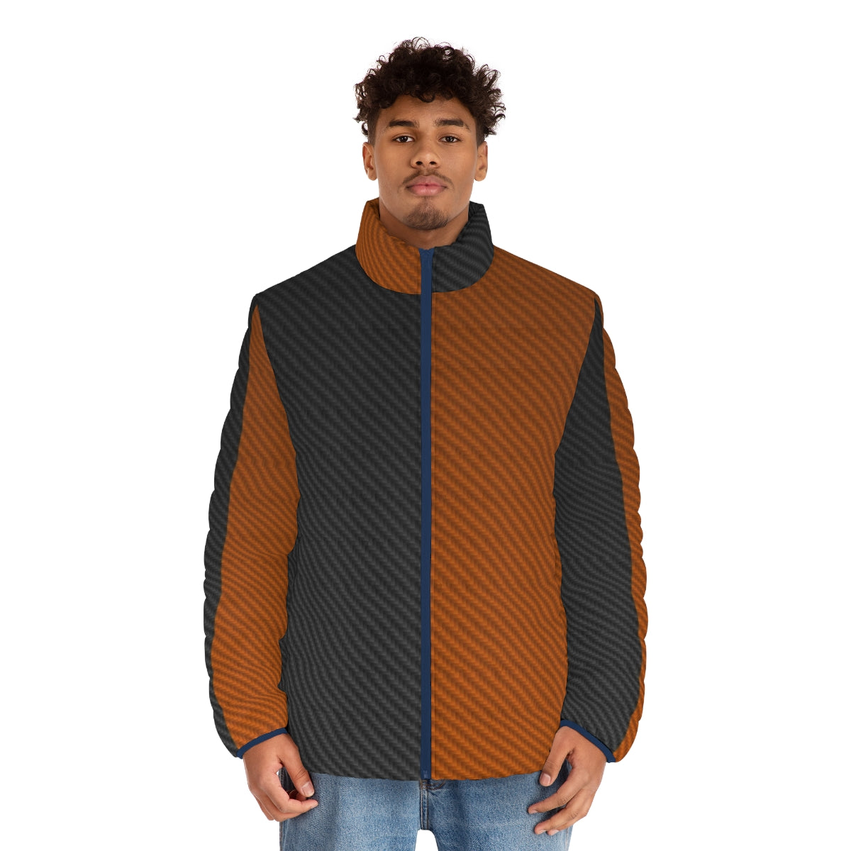 Deathstroke textured puffer jacket with minimalist superhero villain design - men front