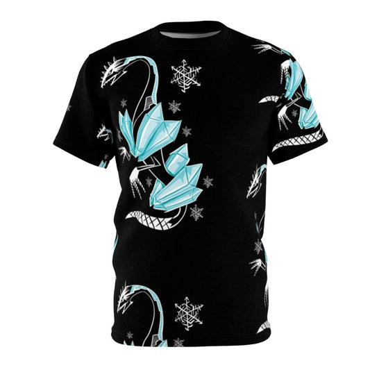 Illustration of a majestic winter dragon with ice crystal horns and tail, on a black t-shirt background.