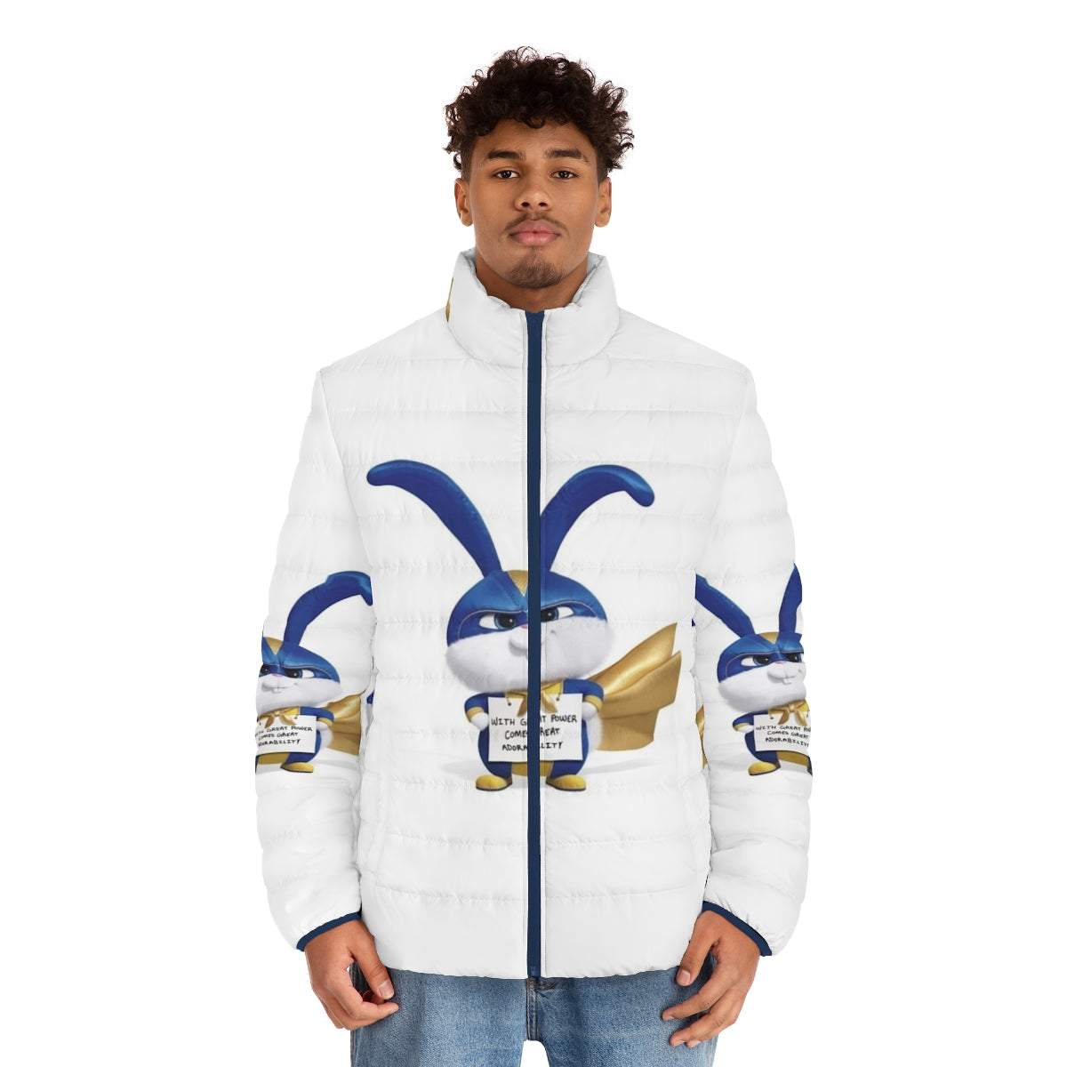 A white puffer jacket with a cute rabbit mascot design - men front