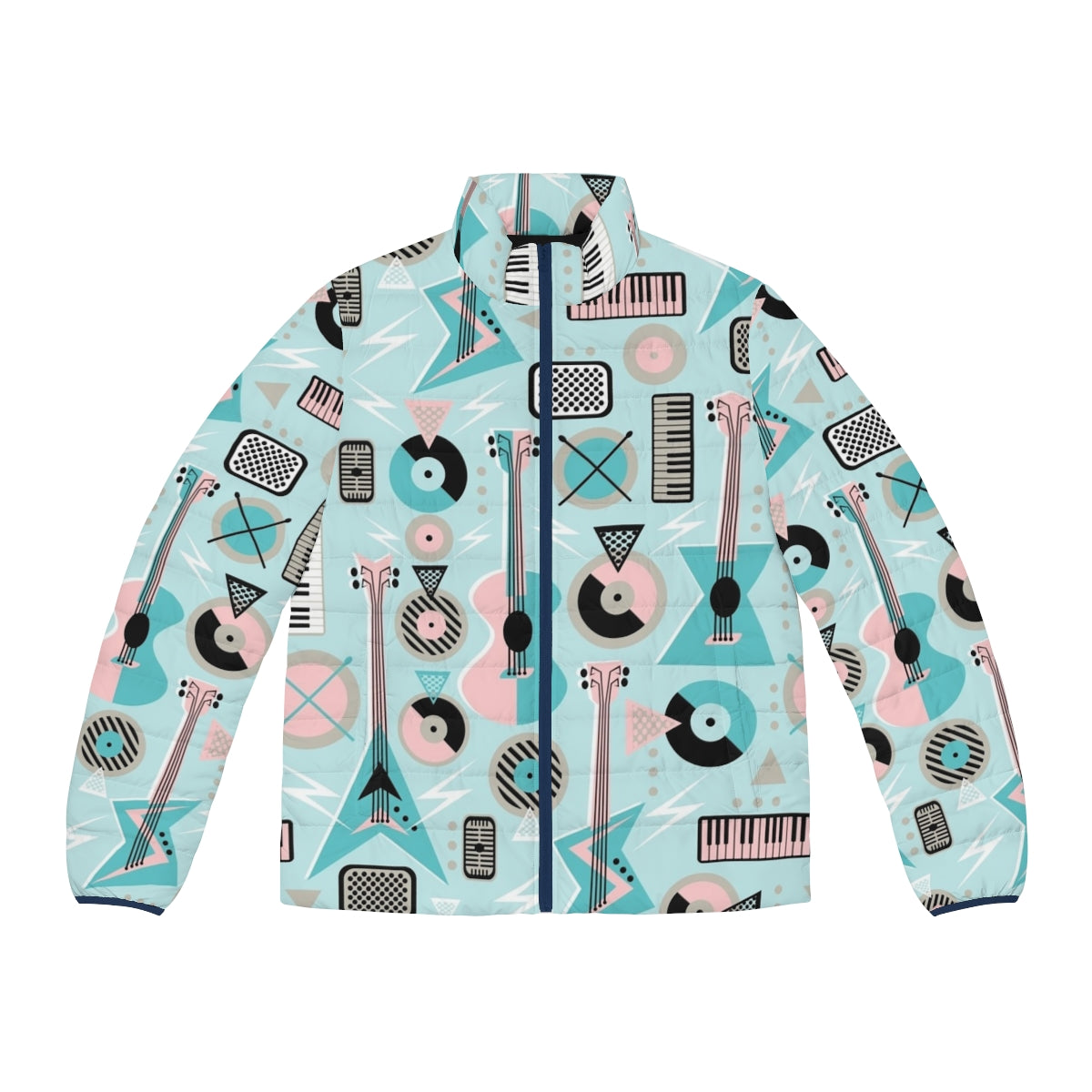 Retro musical turquoise puffer jacket with guitars, piano keys, and lightning bolt design