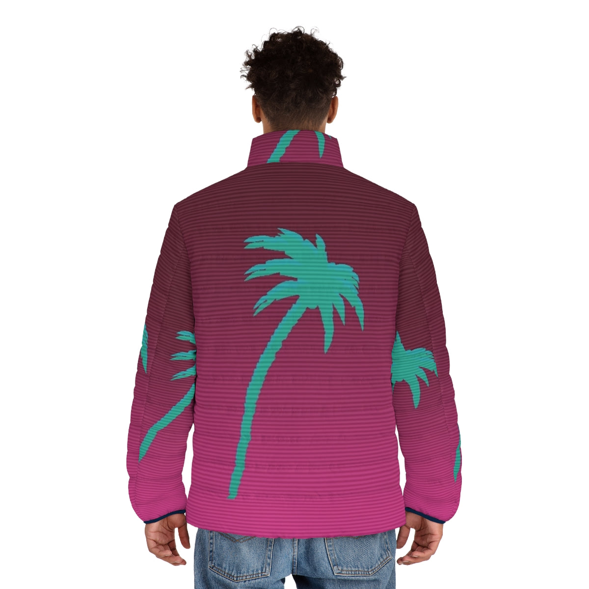 Hotline Miami-inspired puffer jacket with palmtree design, perfect for vaporwave and 80s video game fans - men back