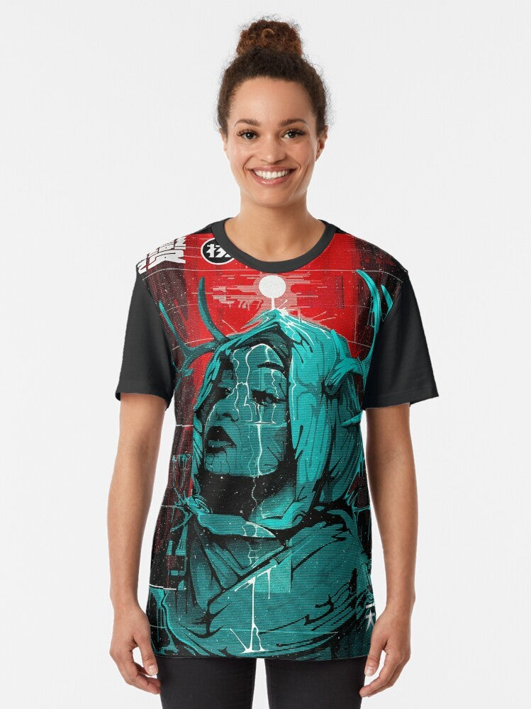 Cyberpunk glitch-inspired urban style graphic t-shirt featuring a futuristic, minimalist design - Women