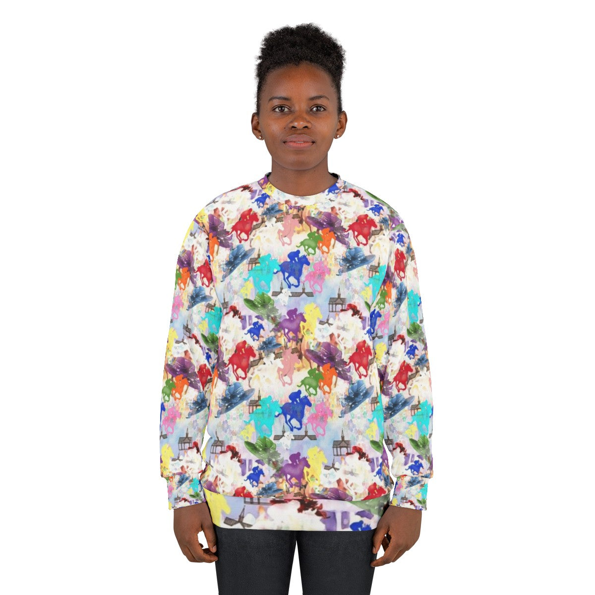 Colorful horse silhouette on a vibrant horse racing sweatshirt - women