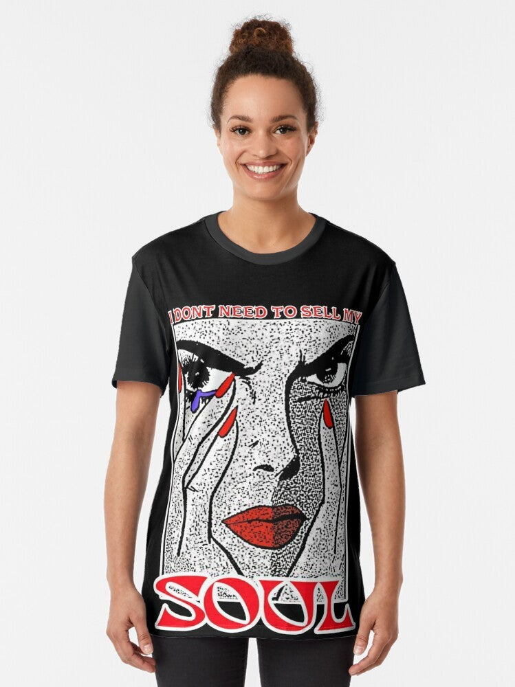 "I Don't Need to Sell My Soul" graphic t-shirt featuring a woman with red lips and a tear drop - Women