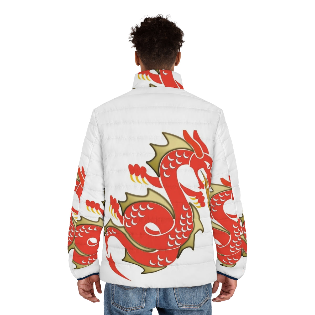 Legendary dragon puffer jacket with fantasy dragon design - men back