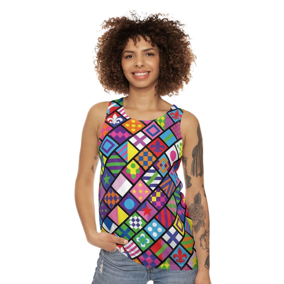 Colorful horse racing unisex tank top with jockey silks design - women