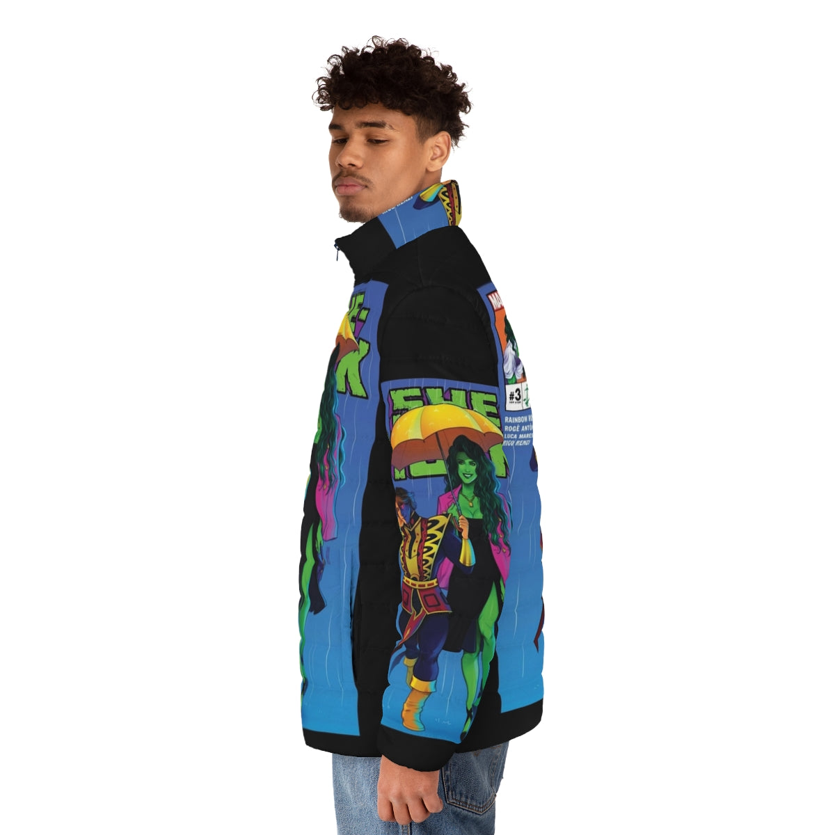 Green puffer jacket with superhero design - men side left