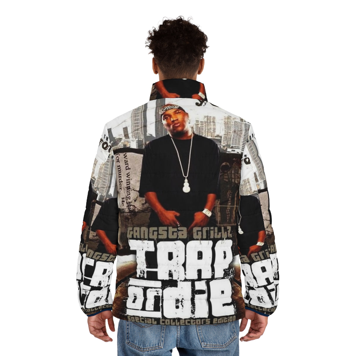 Trap music puffer jacket with vintage album cover design - men back