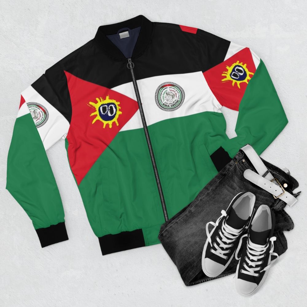 Aida Celtic Primal Scream Bomber Jacket with Football and Palestine Inspired Design - Flat lay