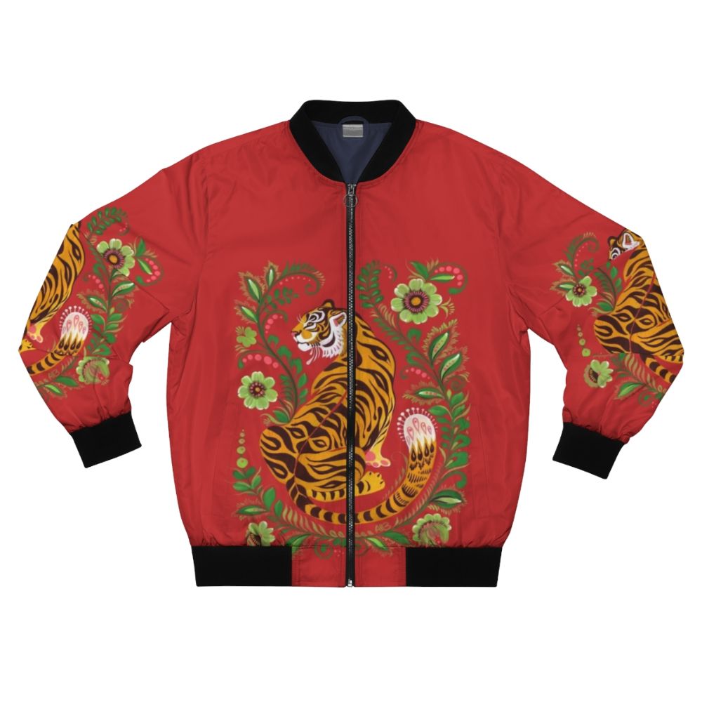 Tiger folk art printed bomber jacket with wild cat design