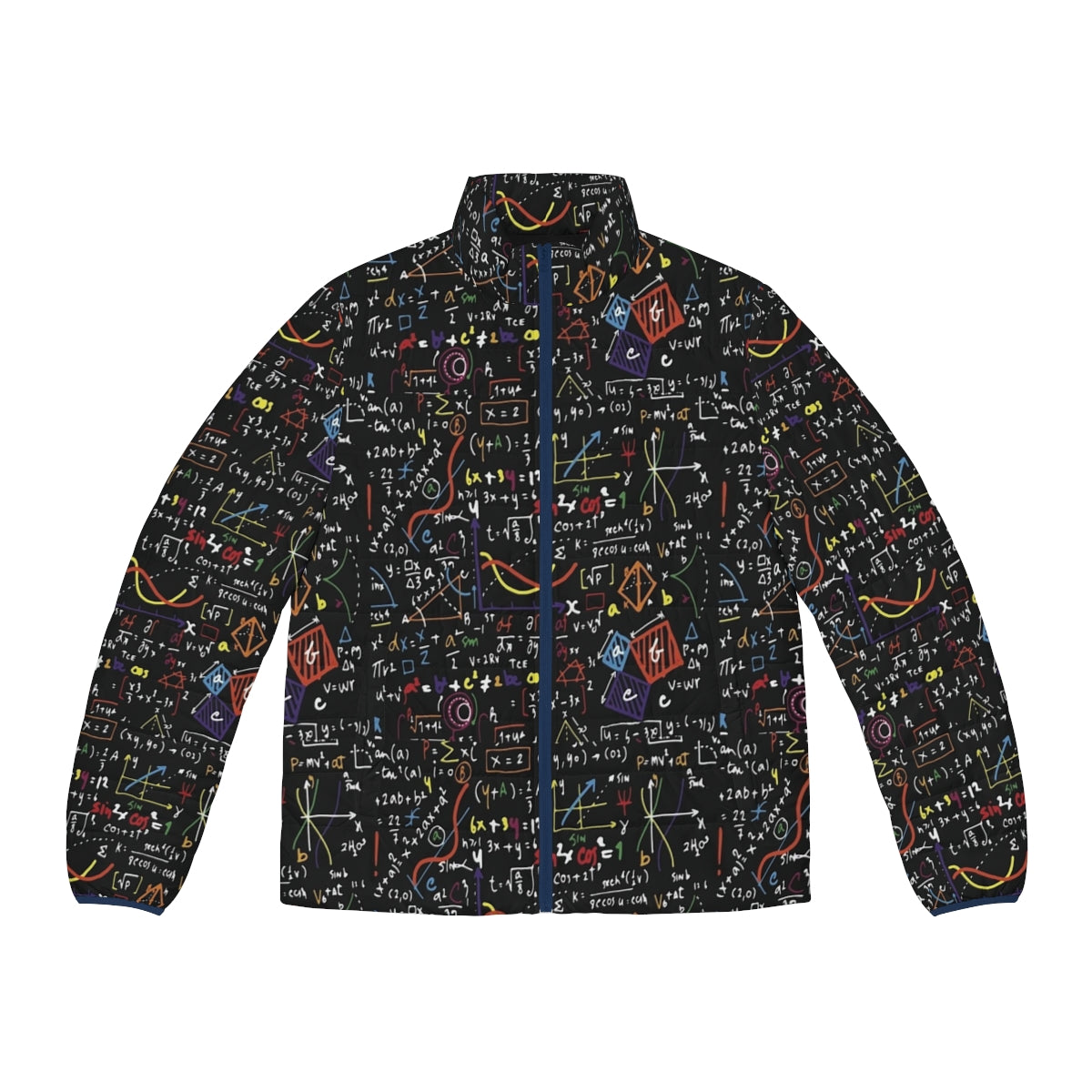 Puffer jacket with math equations, formulas, and symbols printed on it