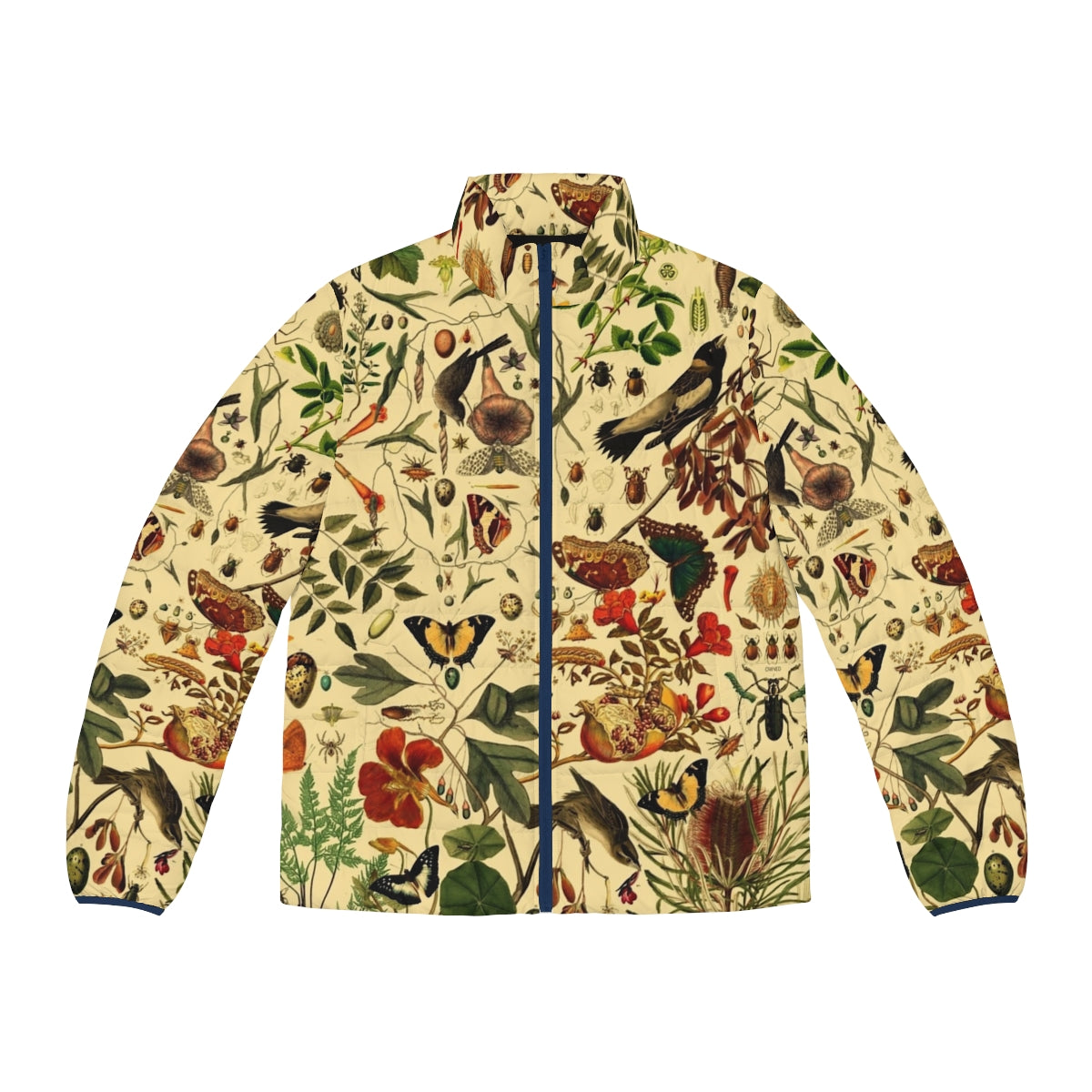 A warm and stylish puffer jacket featuring a beautiful botanical pattern.