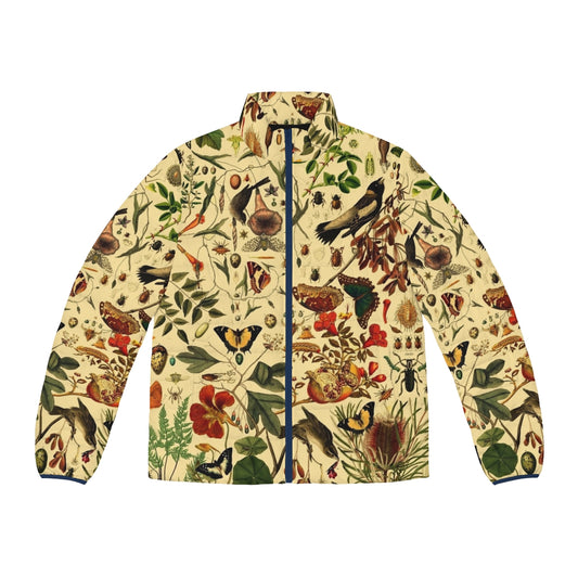 A warm and stylish puffer jacket featuring a beautiful botanical pattern.