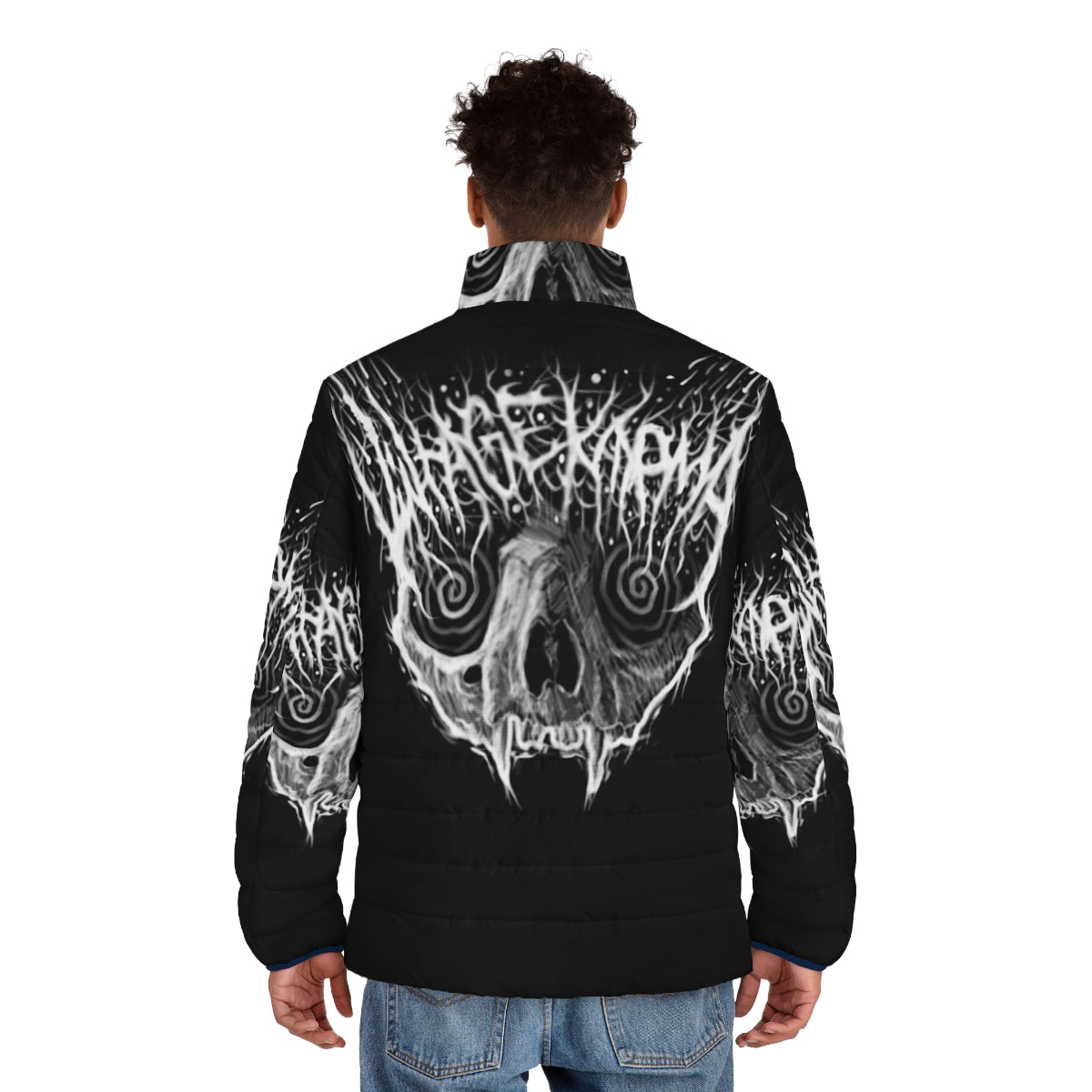 Black metal inspired puffer jacket with vintage cat design - men back