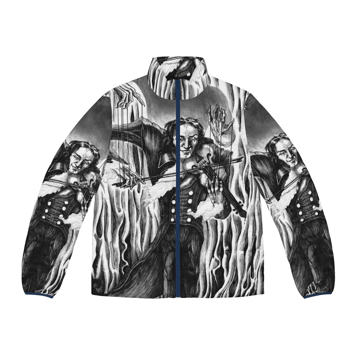 Puffer jacket featuring a dark illustration of Niccolo Paganini, the famous devil violinist