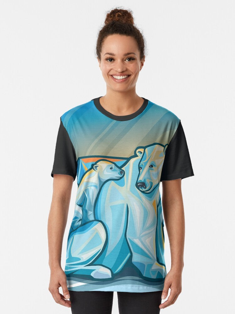 Graphic t-shirt featuring a polar bear and cub in the arctic landscape - Women