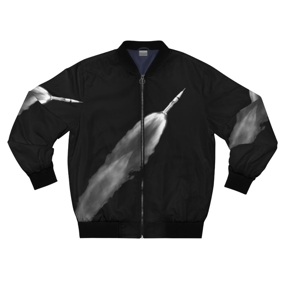 Space exploration bomber jacket with rocket and planet graphics