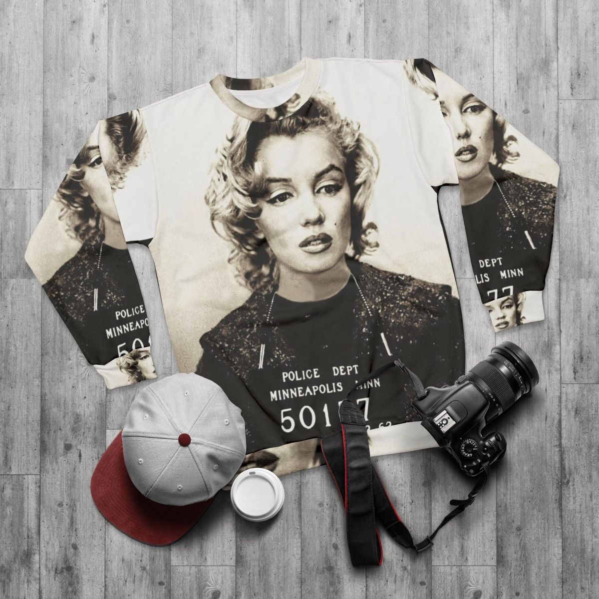 Marilyn Monroe Mugshot Sweatshirt featuring iconic pop art design - flat lay