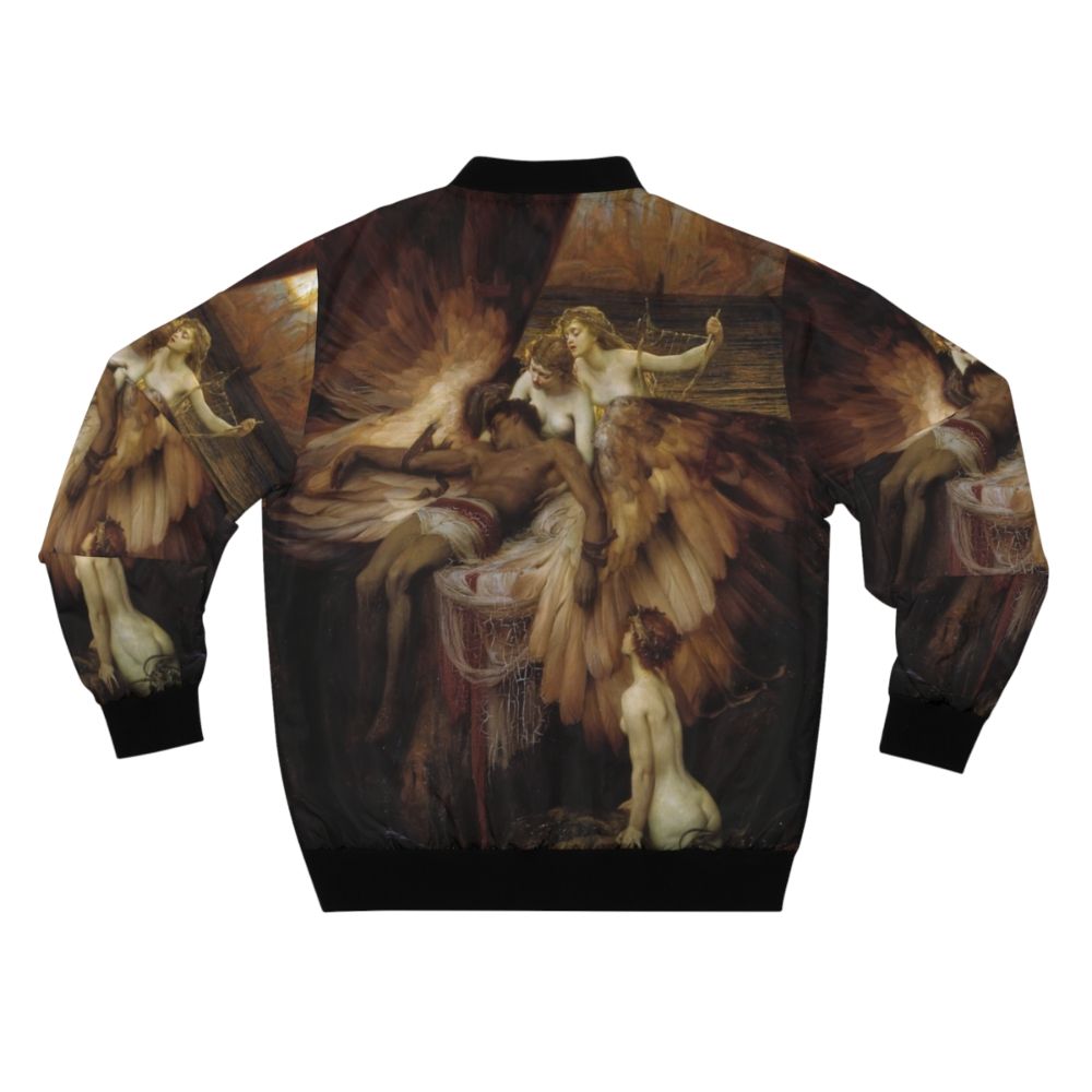 Bomber jacket featuring "The Lament for Icarus" painting by Herbert James Draper, depicting the mythological figure Icarus who flew too close to the sun. - Back