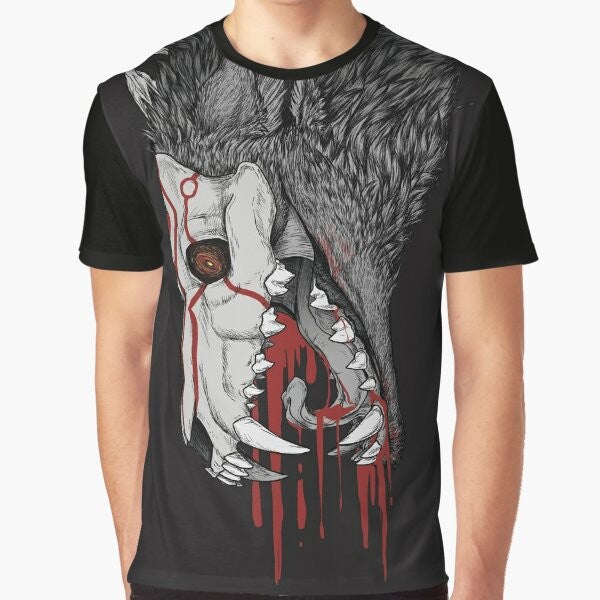 Fall Black Graphic T-Shirt featuring a Grimm Beowolf design with skulls, teeth, and blood.