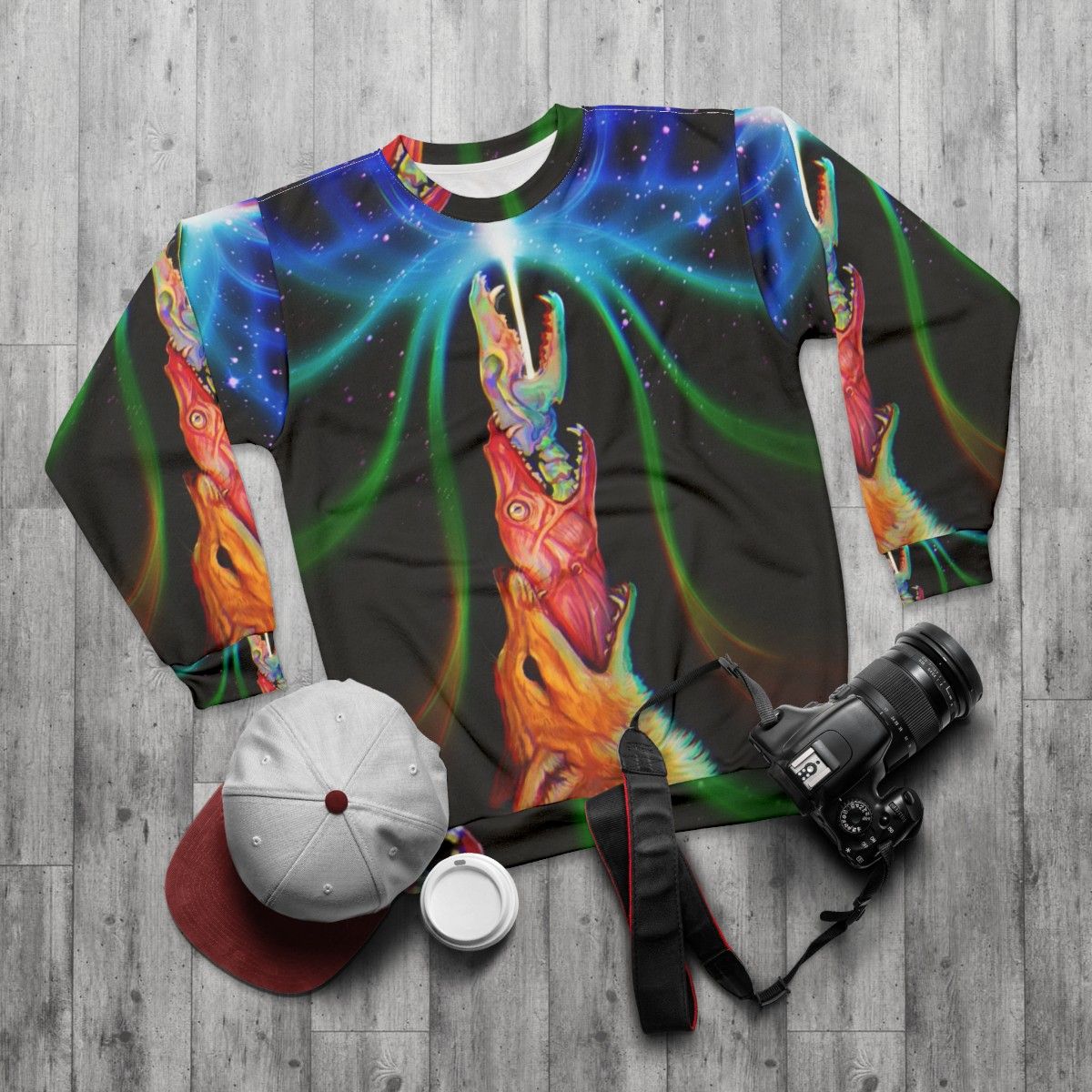 Psychedelic sweatshirt with nature and occult imagery - flat lay