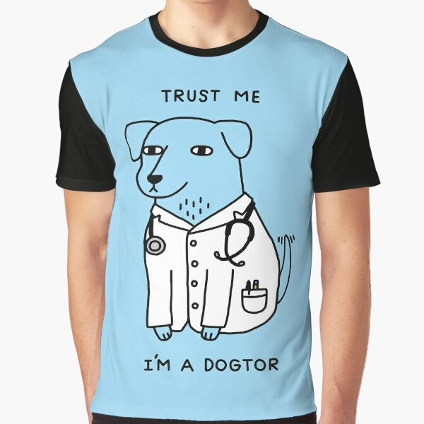 Graphic t-shirt with a dog wearing a stethoscope and the text "Dogtor"