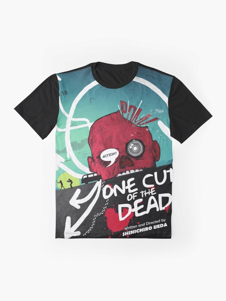 "One Cut of the Dead" zombie-themed graphic t-shirt design with a homage to the alternative movie - Flat lay