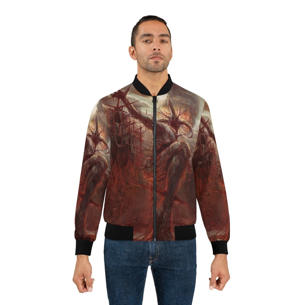 Beksinski-inspired bomber jacket featuring a dark, demonic "God of Pain" design - Lifestyle