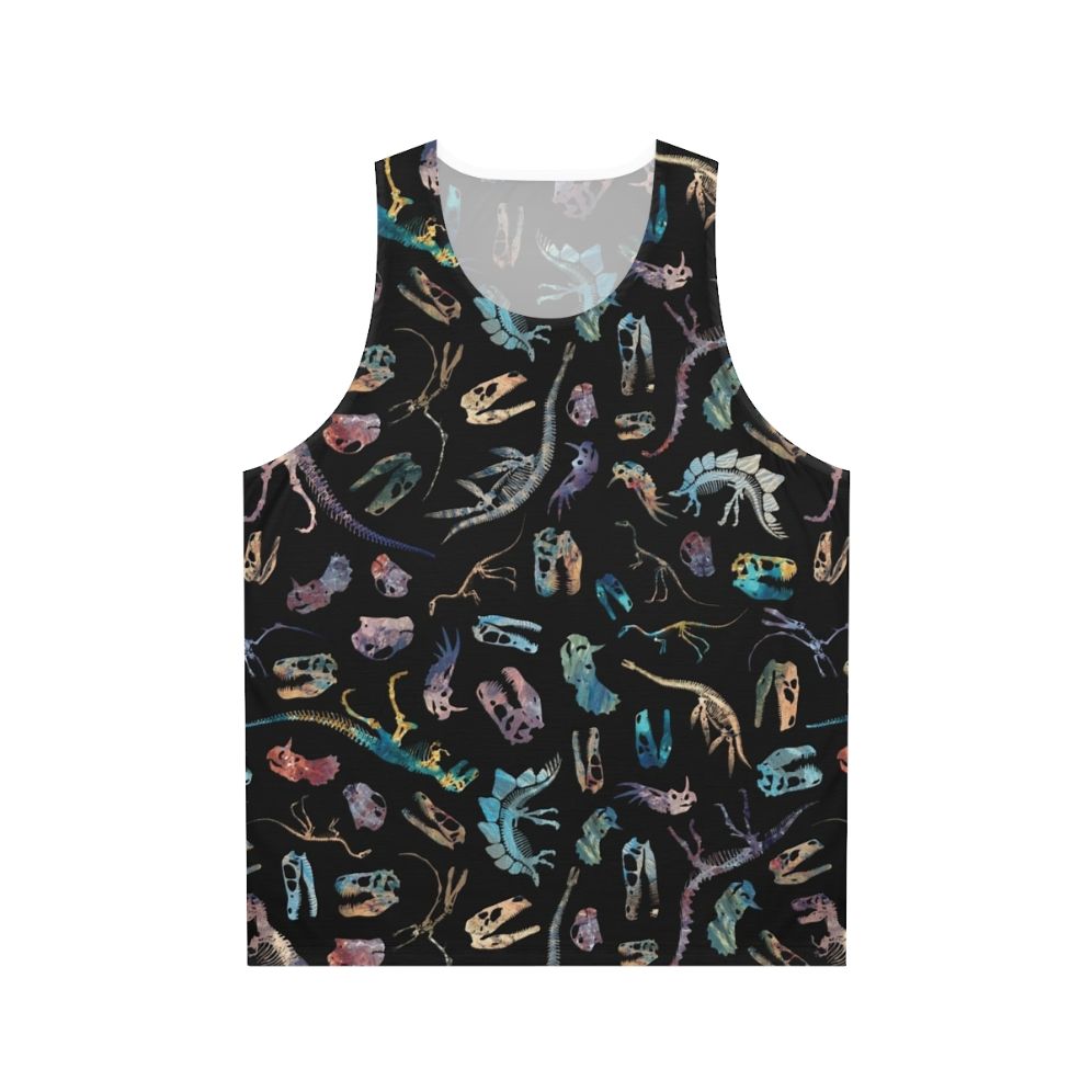 Minimalist dinosaur fossil graphic on a dark unisex tank top