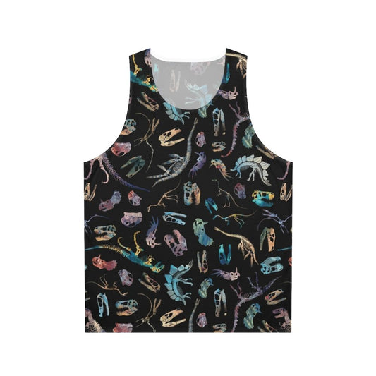 Minimalist dinosaur fossil graphic on a dark unisex tank top