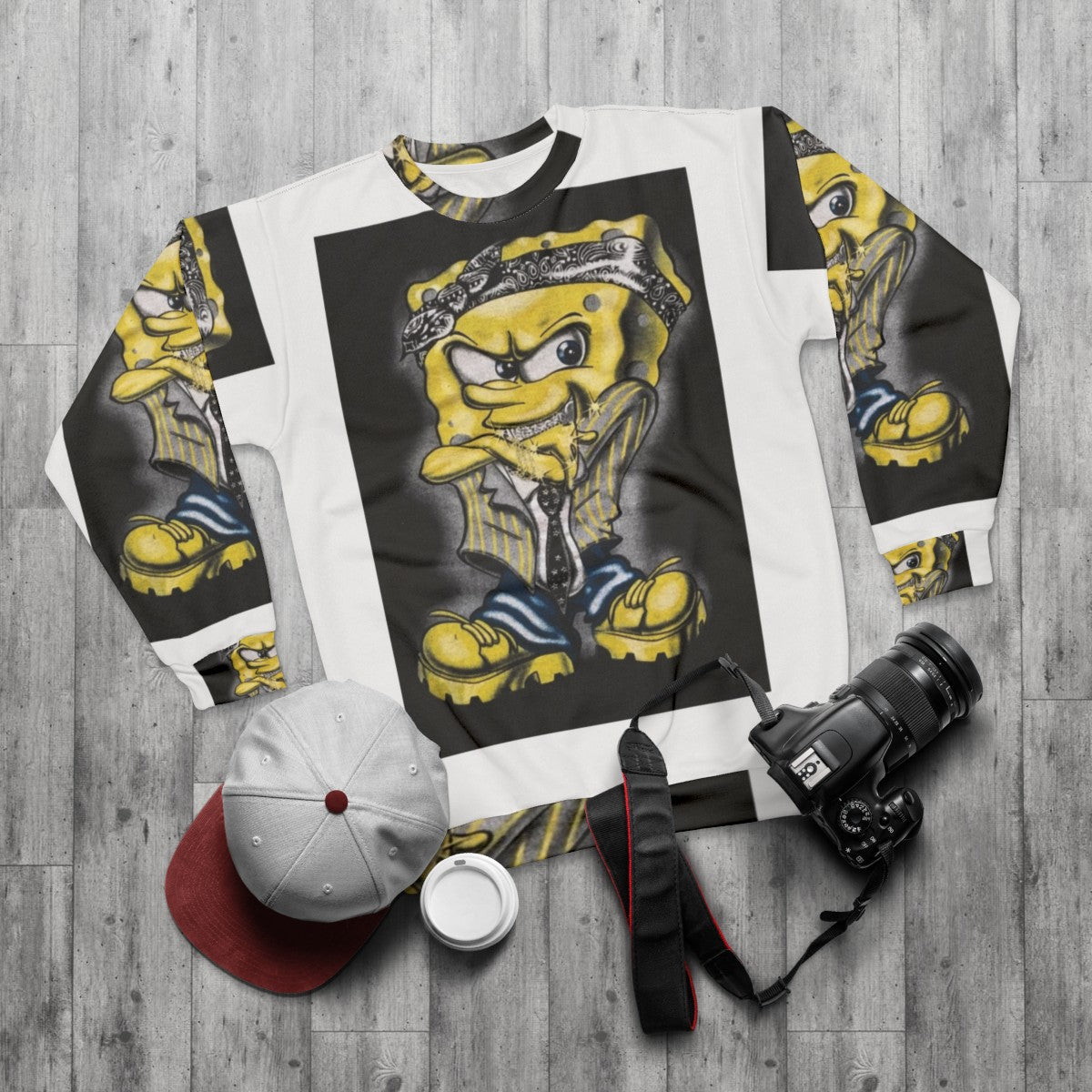 Gangster Spongebob 2 Sweatshirt with cartoon character and urban design - flat lay