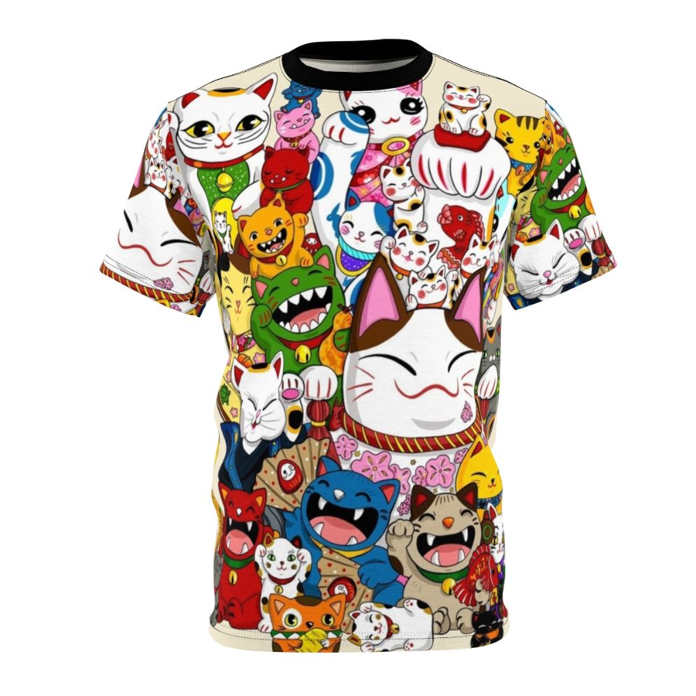 Vibrant t-shirt design featuring a collection of whimsical, colorful maneki neko (lucky cats) in a variety of poses and designs.