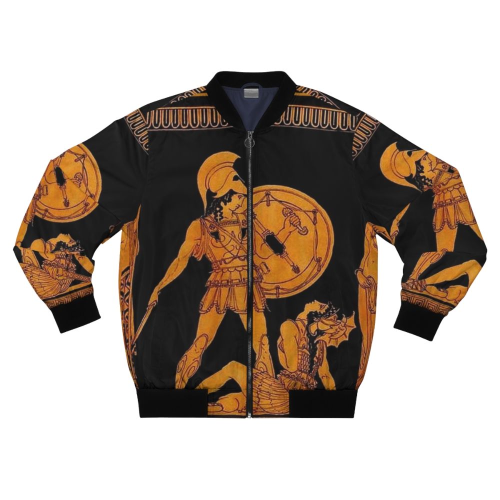 Colorful bomber jacket with ancient Greek gods and goddesses frieze print design