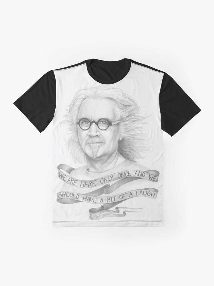 A graphic t-shirt featuring an illustration of the iconic Scottish comedian, Billy Connolly, also known as "The Big Yin". - Flat lay