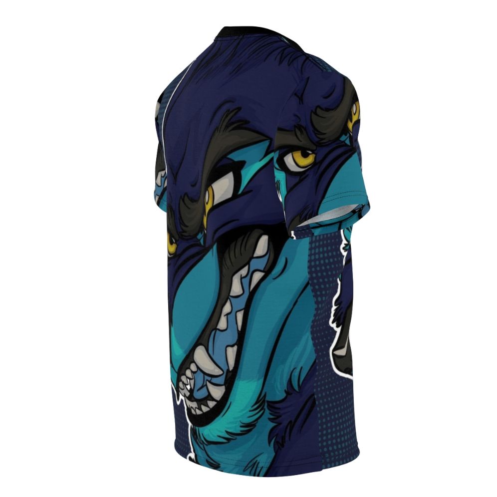 Fierce and commanding blue furry wolf anthro character design on a t-shirt - men right