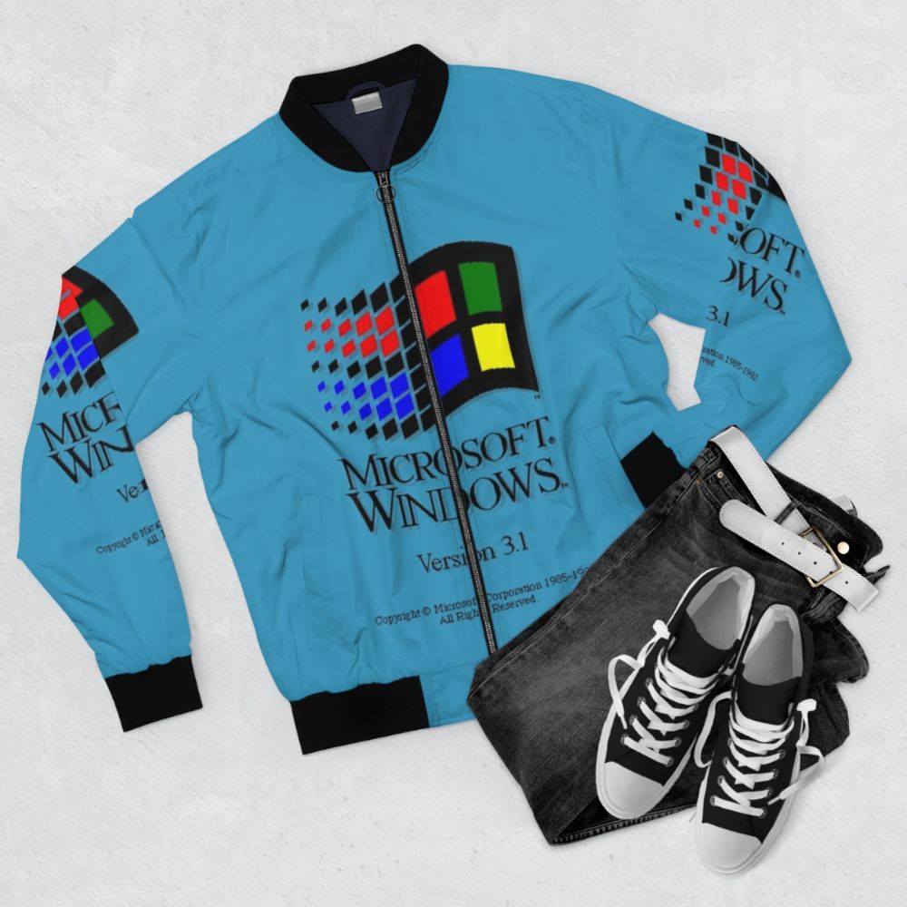 Retro Windows 3.1 inspired bomber jacket for 90s gaming enthusiasts - Flat lay