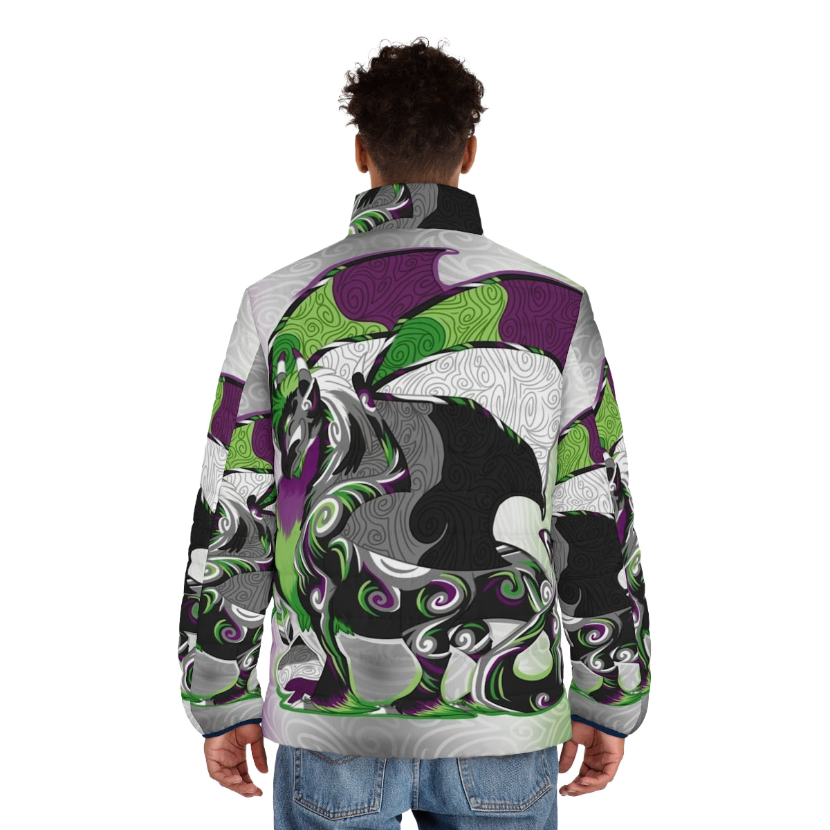 Aro ace pride dragon puffer jacket with LGBTQ+ and queer design - men back