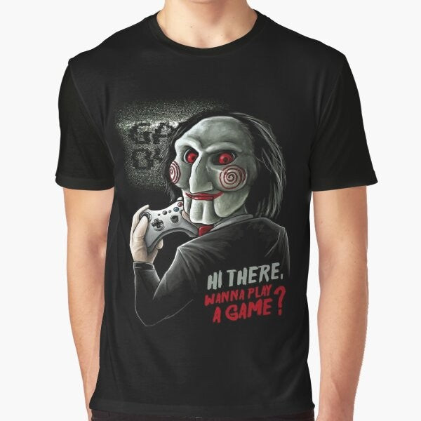 "Wanna Play a Game?" Saw-inspired graphic t-shirt featuring Jigsaw from the classic horror movie franchise