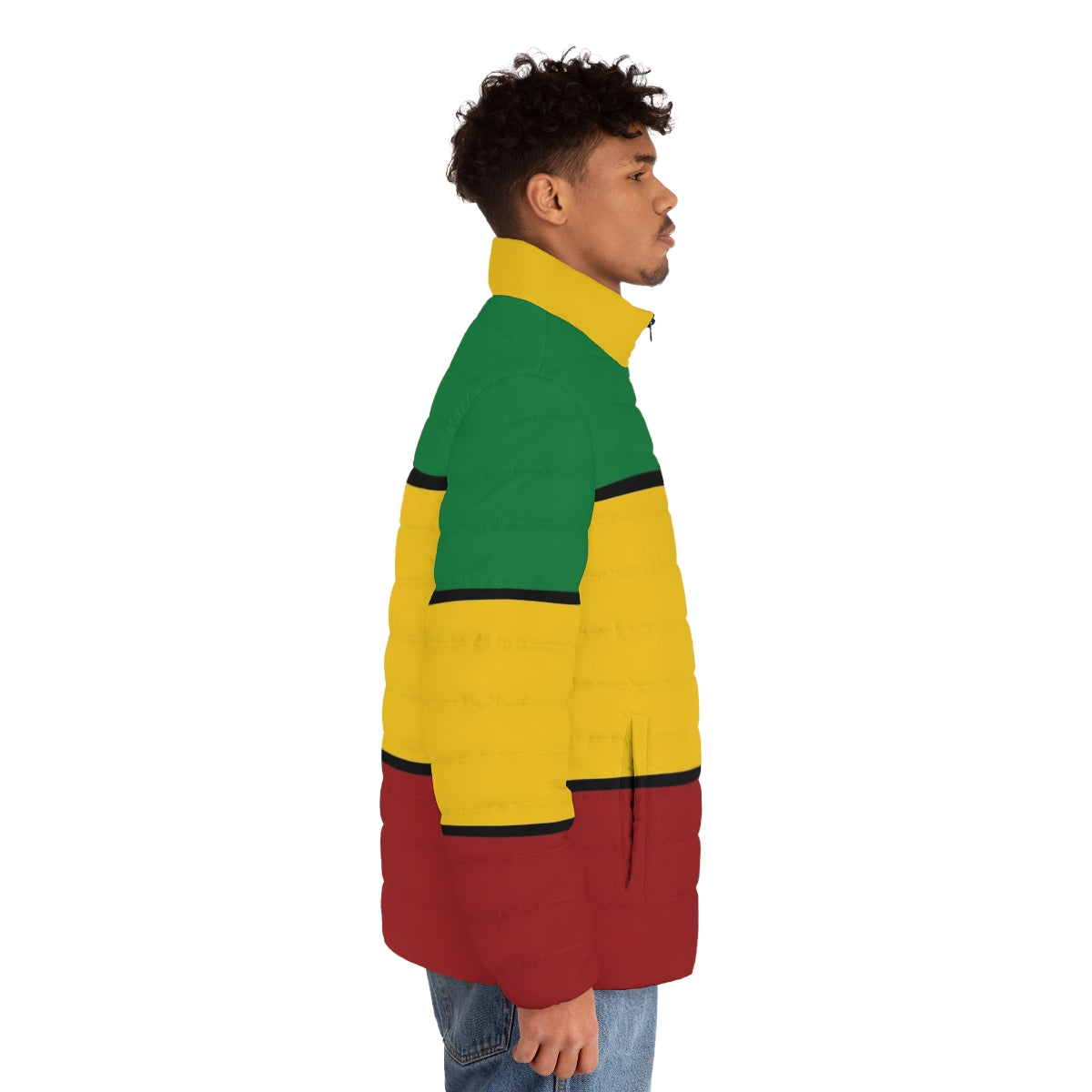 Rasta puffer jacket with stripes in the colors of the Rastafarian flag - men side right