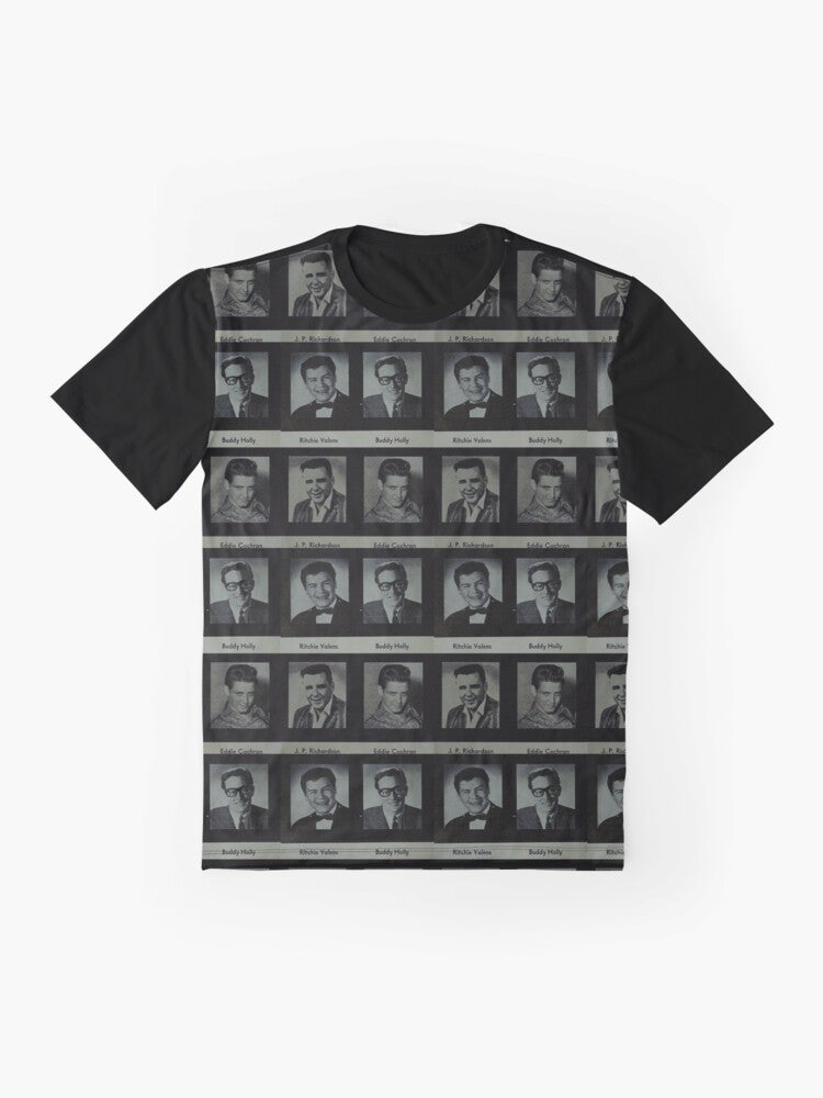 Graphic t-shirt featuring rock n roll legends Buddy Holly, Ritchie Valens, Eddie Cochran, and The Big Bopper. - Flat lay