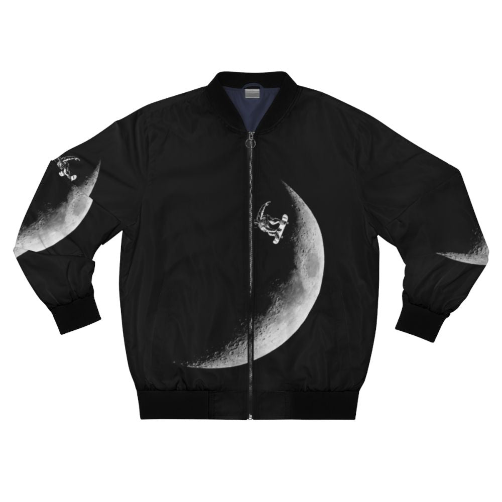 Astronaut skateboarding on the moon with a black and white bomber jacket