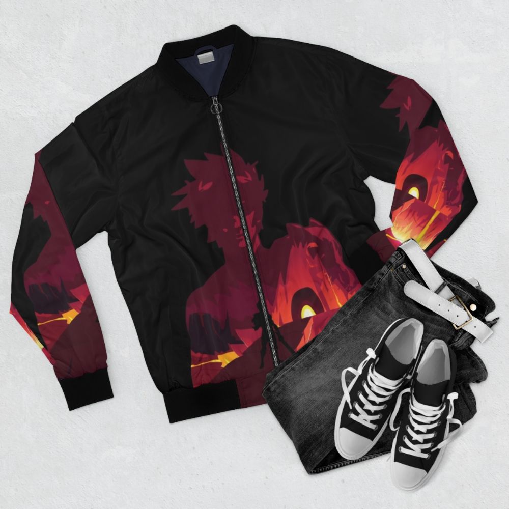 Zagreus Hades Negative Illusion Bomber Jacket featuring a double exposure design of the Hades character from the popular video game - Flat lay