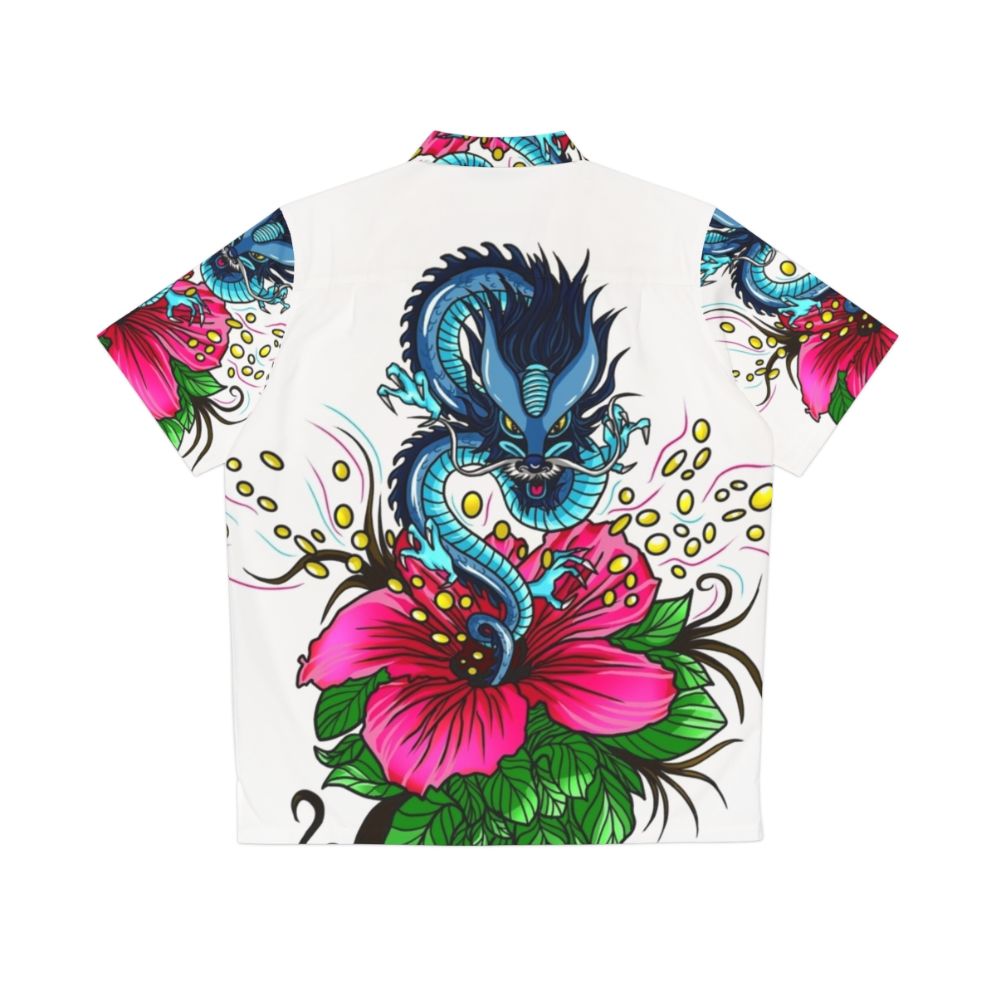 Vibrant dragon and hibiscus design on a Hawaiian shirt - Back