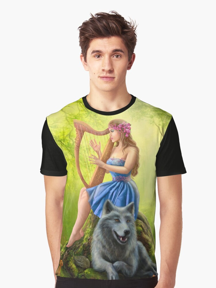 A beautiful girl playing the harp in a fantasy forest with a wolf. - Men