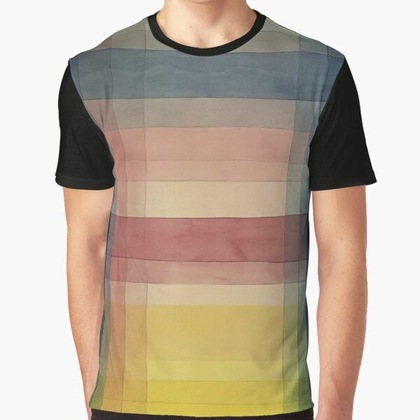 "Colorful graphic t-shirt featuring Paul Klee's "Architecture of the Plain" 1923 cubist art design"