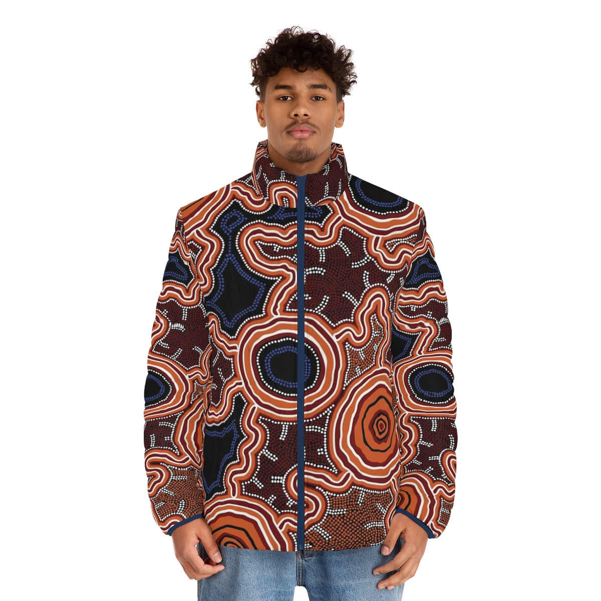 Authentic Aboriginal Art Puffer Jacket featuring traditional Australian indigenous designs - men front